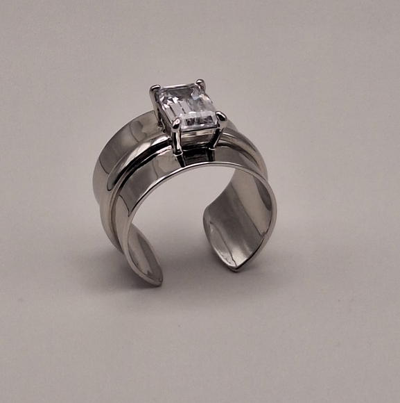Diamonique x Lisa Freede Emerald-Cut Adjustable Cigar Band Ring–Silver Tone Sz 7 - Picture 11 of 12
